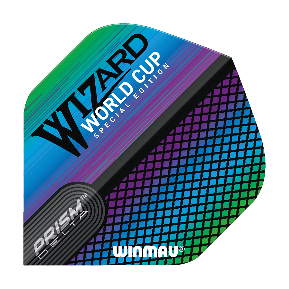 6915-253_Winmau_Prism_Delta_Wizard_Rainbow_Standard_Flights_1UnkdsK9FG6KHP Das Bild zeigt das Produkt 'Winmau Prism Delta Wizard Rainbow Standard Flights'. Die Dart-Flights haben ein farbenfrohes, regenbogenartiges Design und den Aufdruck "Wizard World Cup Special Edition".