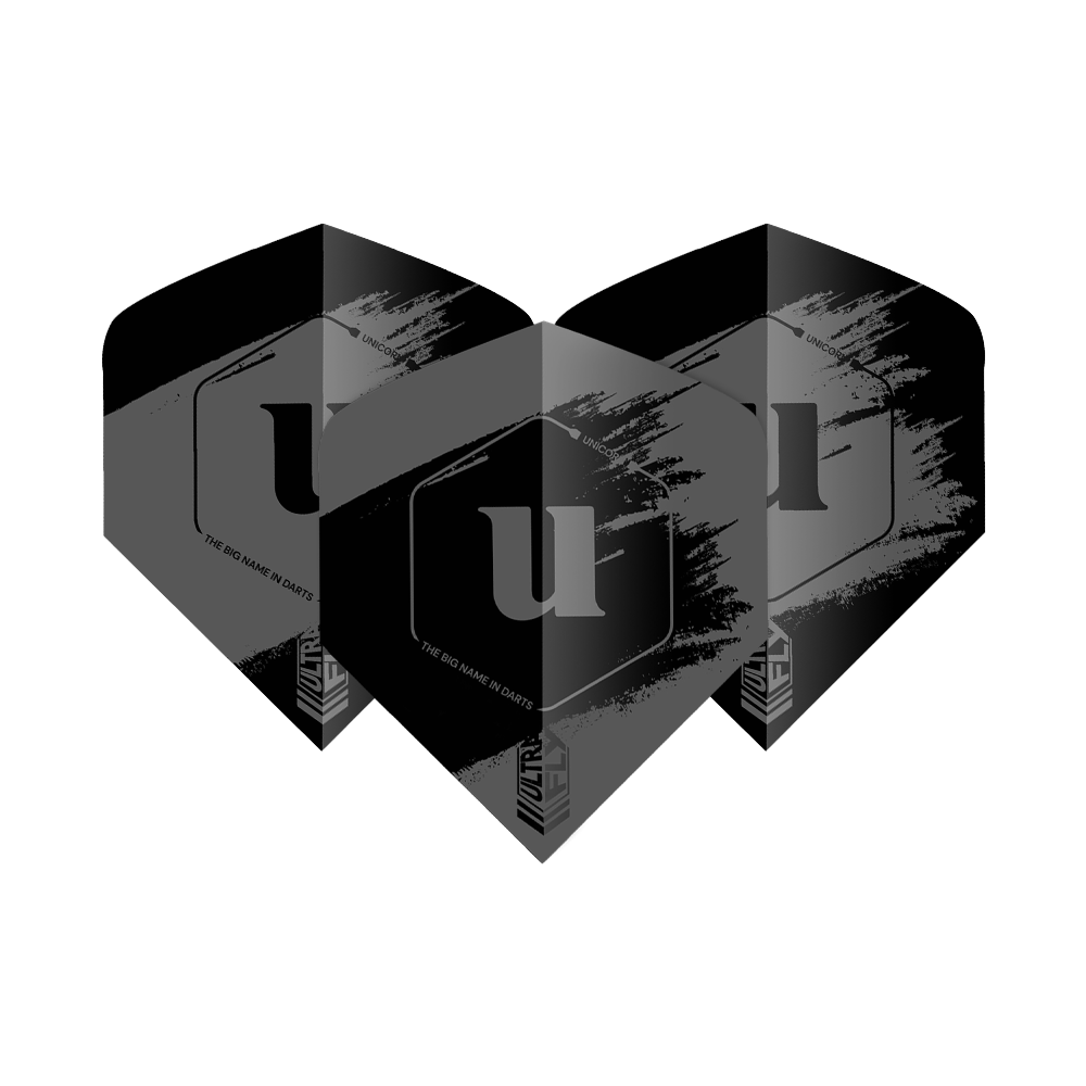 Das Bild zeigt drei graue Dart-Flights der Marke Unicorn Ultrafly 100 Team Unicorn Big Wing. Auf jedem Flight ist ein großes "u" und ein modernes Design mit weißen Akzenten zu sehen.