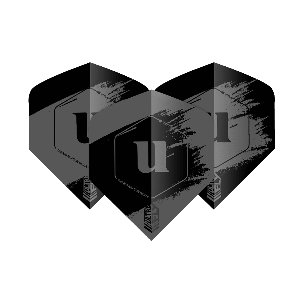 Unicorn Ultrafly 100 Team Unicorn Big Wing Flights - Grey Das Bild zeigt drei graue Dart-Flights der Marke Unicorn Ultrafly 100 Team Unicorn Big Wing. Auf jedem Flight ist ein großes "u" und ein modernes Design mit weißen Akzenten zu sehen.