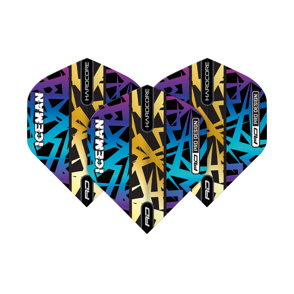 TF6826_Red_Dragon_Hardcore_Gerwyn_Price_Rainbow_Gold_Standard_Flights_1MLj8fvHCPMZGT Das Bild zeigt die Red Dragon Hardcore Gerwyn Price Rainbow Gold Standard Flights. Die Flights haben ein buntes, grafisches Design mit den Worten "ICEMAN" und "HARDCORE" darauf.