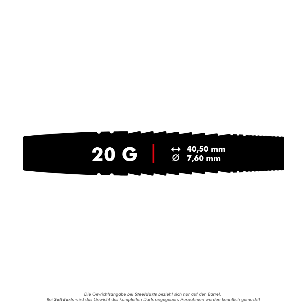 Target Scott Williams Shaggy Black Soft Darts - 20g Das Bild zeigt den Schaft eines Target Scott Williams Shaggy Black Softdarts mit einem Gewicht von 20 Gramm. Die Maße des Barrels sind 40,50 mm Länge und 7,60 mm Durchmesser.