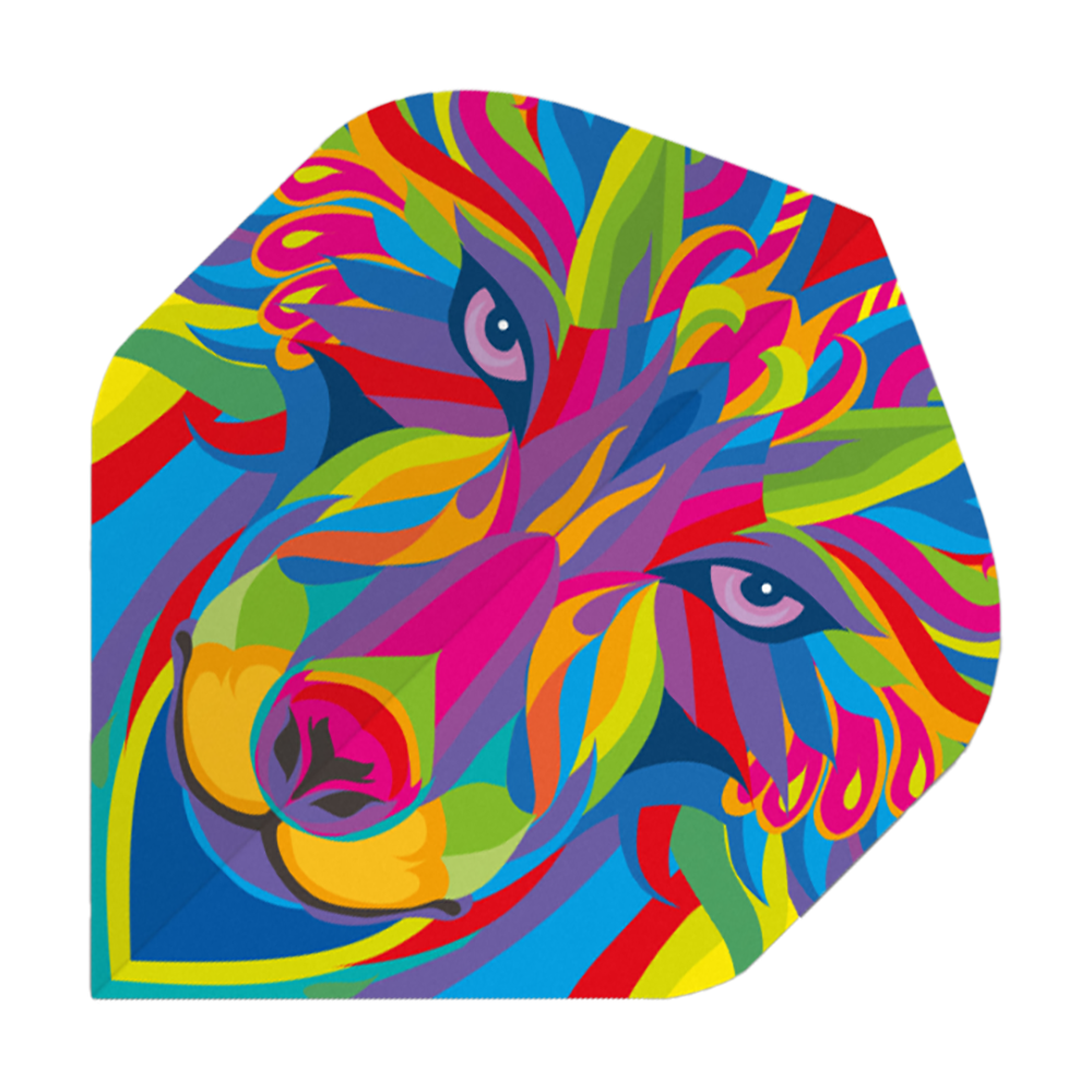 P70_Pentathlon_Metro_Colour_Wolf_Standard_Flights_1 Das Bild zeigt ein Dart-Flight mit einem bunten Wolfsgesicht. Die Farben sind sehr auffällig und in einem modernen, abstrakten Stil gehalten.