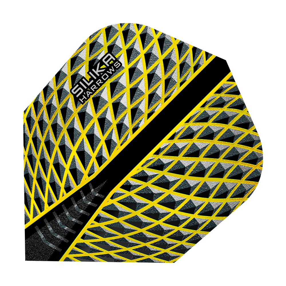 HR86_Harrows_Silika_Yellow_No6_Flights_1vWvVMxdoai0wb Das Bild zeigt das Produkt "Harrows Silika Yellow No6 Flights". Das Flight hat ein gelbes und schwarzes geometrisches Muster mit dem Logo "Silika Harrows" darauf.