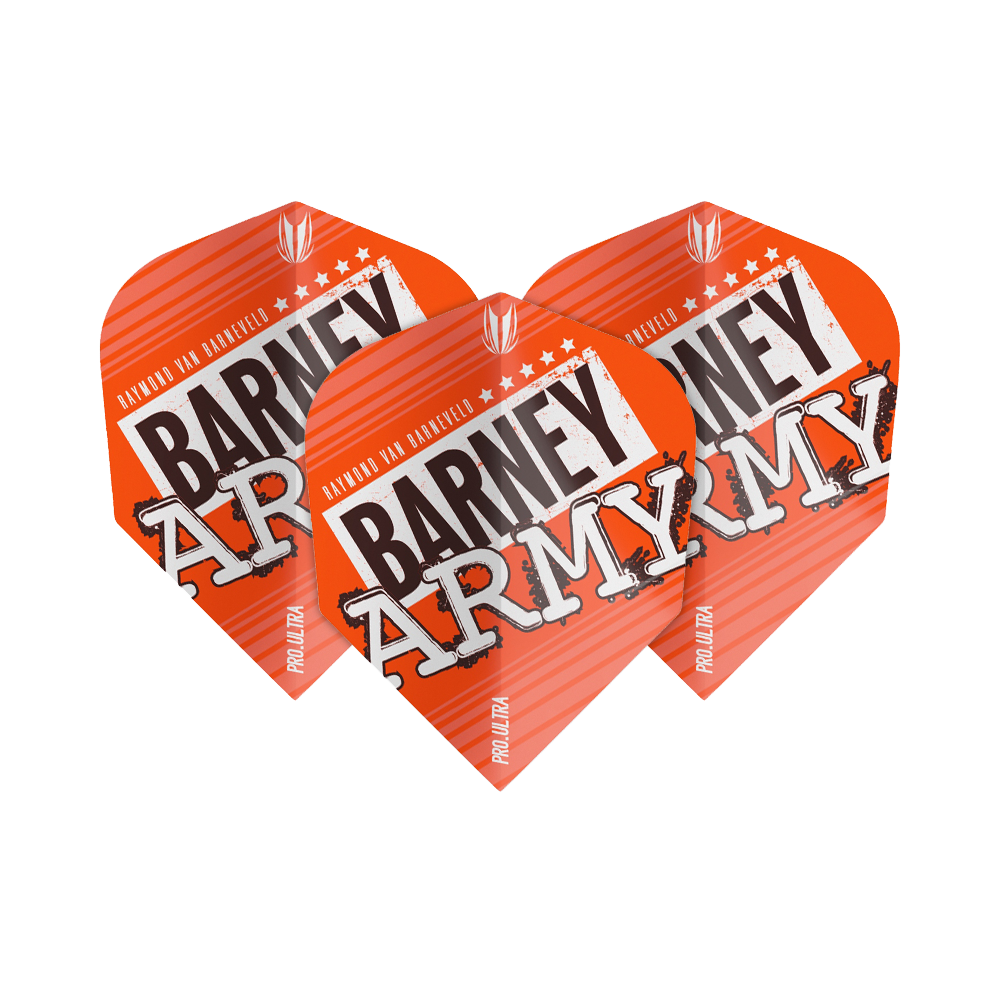 Das Bild zeigt drei orangefarbene Dart-Flights mit der Aufschrift "BARNEY ARMY". Sie gehören zur Produktreihe "Target ProUltra Barney Army Orange Ten-X Flights".