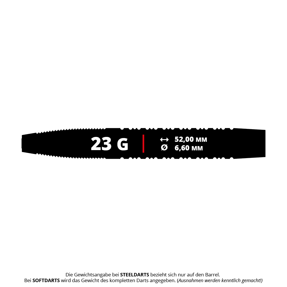 Shot Pro Series Jake Womack Steel Darts - 23g Das Bild zeigt den Shot Pro Series Jake Womack Steeldart mit einem Gewicht von 23 Gramm. Der Dart hat eine Länge von 52,00 mm und einen Durchmesser von 6,60 mm.