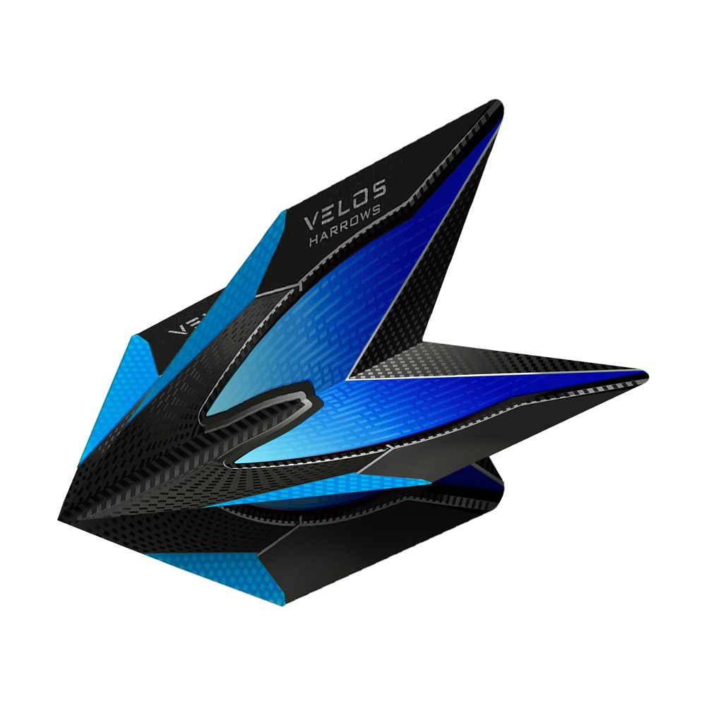 HR1012_Harrows_Blue_2020_Velos_Flights_2 Das Bild zeigt ein Harrows Velos Flight in Blau. Das Flight hat ein modernes Design mit blauen und schwarzen Akzenten.