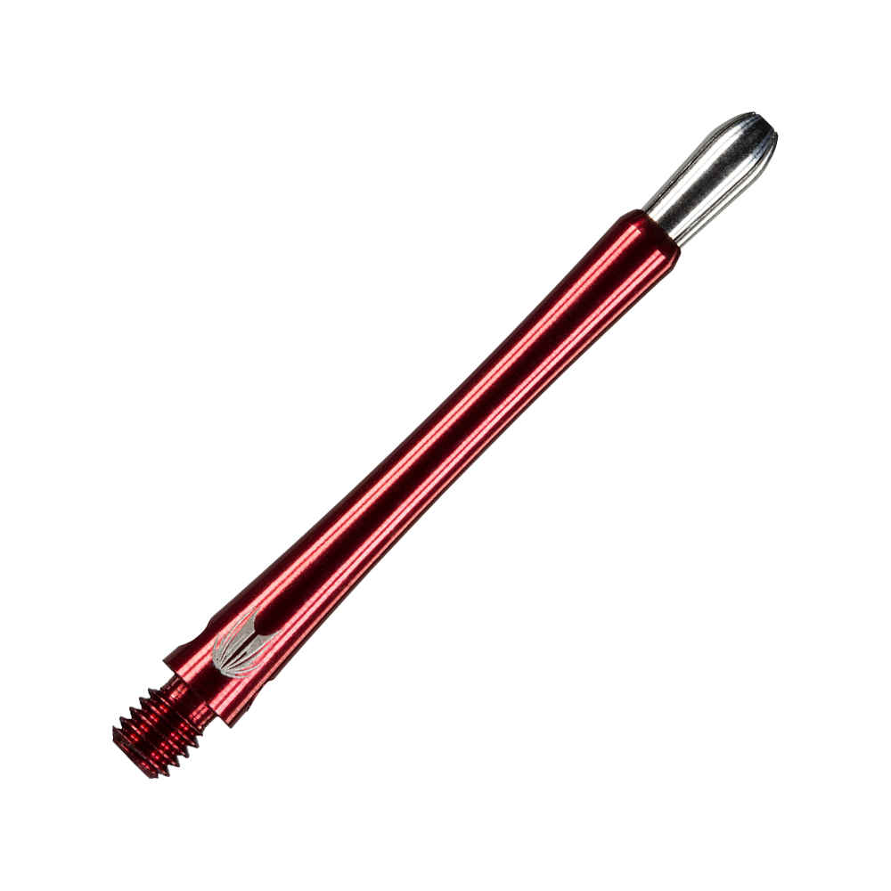 Das Bild zeigt einen roten Aluminium-Dartshaft im Grip-Stil. Das Produkt hat ein glänzendes Finish und ein silbernes Ende.
