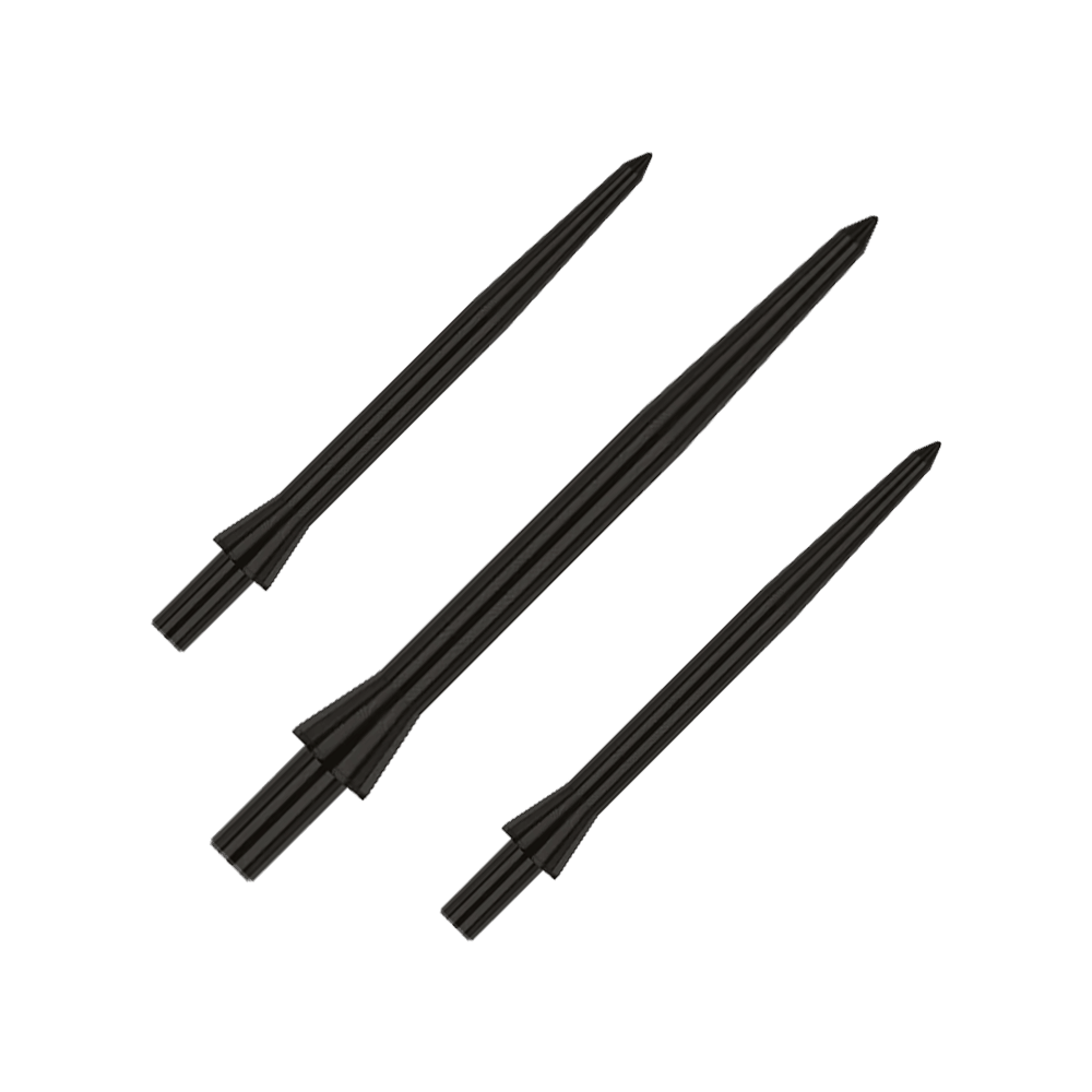 Red Dragon Raptor Plain Black steel dart tips - 30mm Das Bild zeigt drei schwarze Steeldartspitzen der Marke Red Dragon Raptor in 28 mm Länge. Die Spitzen sind schlicht und haben ein glattes Design.