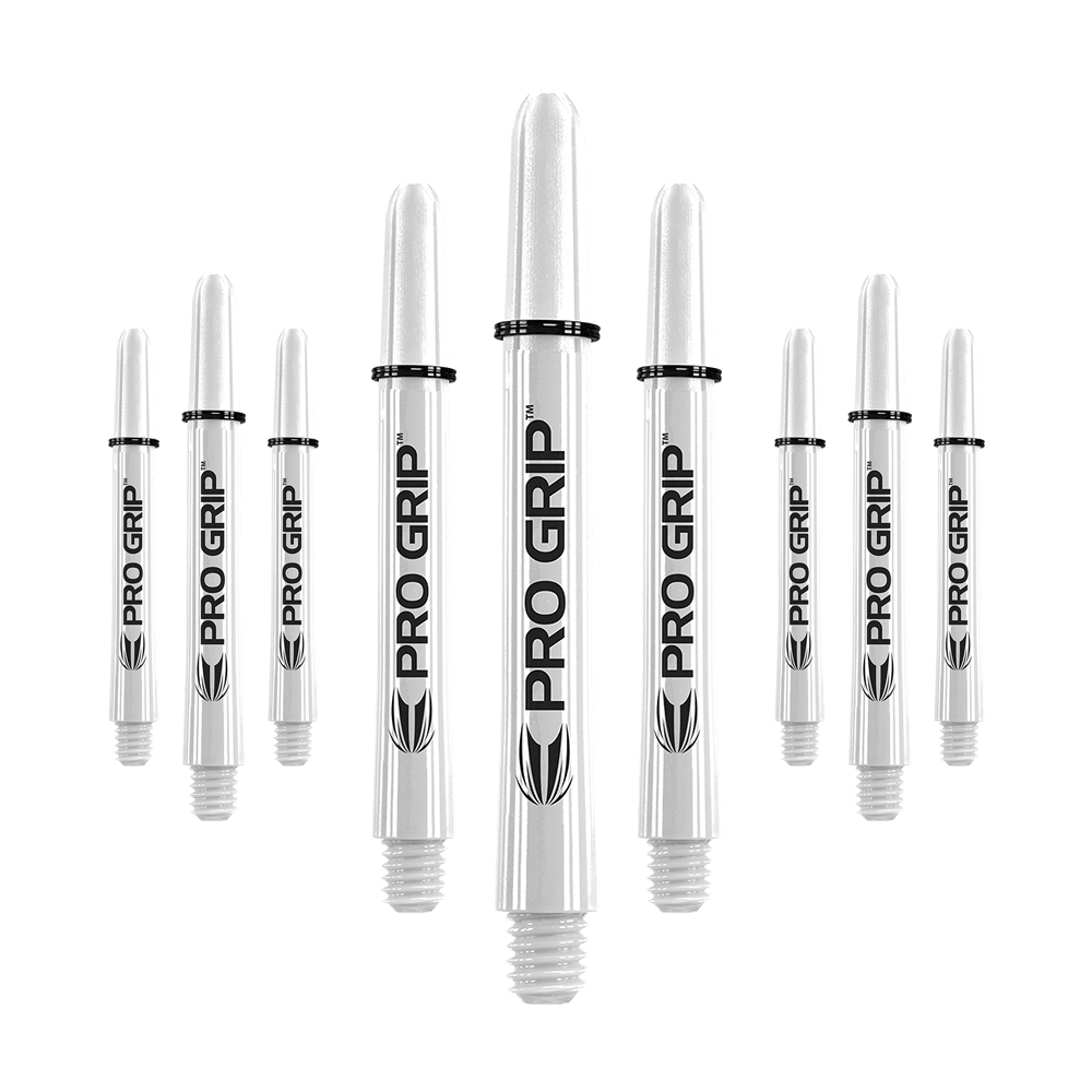Target Pro Grip Shafts - 3 Sets - White Das Bild zeigt mehrere weiße Dartschäfte mit der Aufschrift "PRO GRIP". Sie sind in drei Reihen angeordnet und haben schwarze Ringe an der Oberseite.