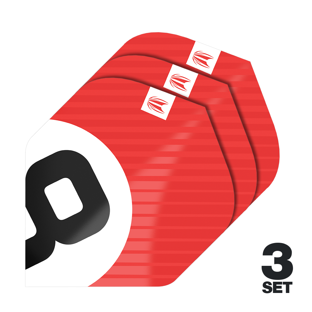 Das Bild zeigt drei Sätze der Target Pro Ultra Chicane Red No2 Standard Flights. Die Flights sind überwiegend rot mit einem weißen und schwarzen Design und werden als 3er-Set angeboten.