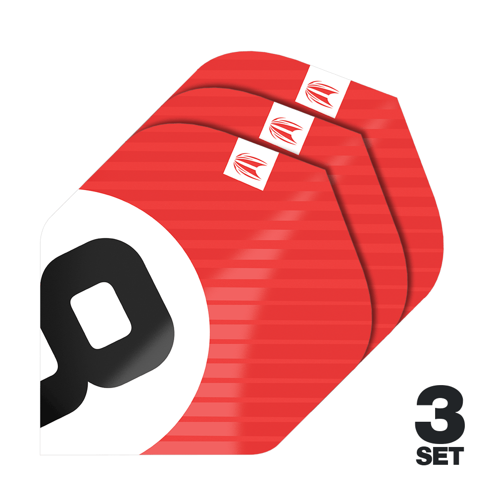 Target Pro Ultra Chicane Red No2 Standard Flights - 3 sets Das Bild zeigt drei Sätze der Target Pro Ultra Chicane Red No2 Standard Flights. Die Flights sind überwiegend rot mit einem weißen und schwarzen Design und werden als 3er-Set angeboten.