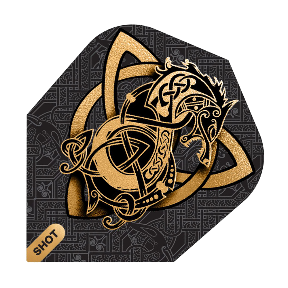 Shot Viking Wolf No. 6 Flights Das Bild zeigt das Produkt "Shot Viking Wolf No6 Flights" mit einem goldenen Wikinger-Wolf Design auf schwarzem Hintergrund. Im Hintergrund sind feine, keltische Muster zu sehen und unten links steht das Wort "SHOT".