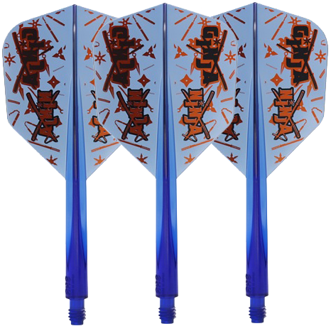 Condor Axe Ginja Ninja Matt Campbell Flight-Shaft - Small Auf dem Bild sind drei blaue Dartflights mit dem Namen "Condor Axe Ginja Ninja Matt Campbell Flight-Shaft - Small" zu sehen. Die Flights haben ein auffälliges Design mit orangen und schwarzen Mustern.