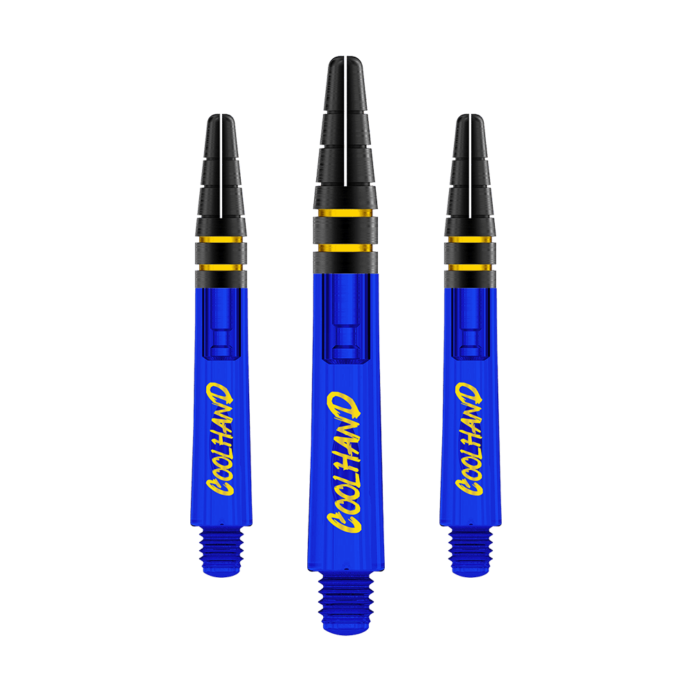 Red Dragon Nitrotech Luke Humphries Coolhand Shafts - Blue Das Bild zeigt drei blaue Dartschäfte mit der gelben Aufschrift "COOLHAND". Die Schäfte haben schwarze und goldene Akzente am oberen Ende.