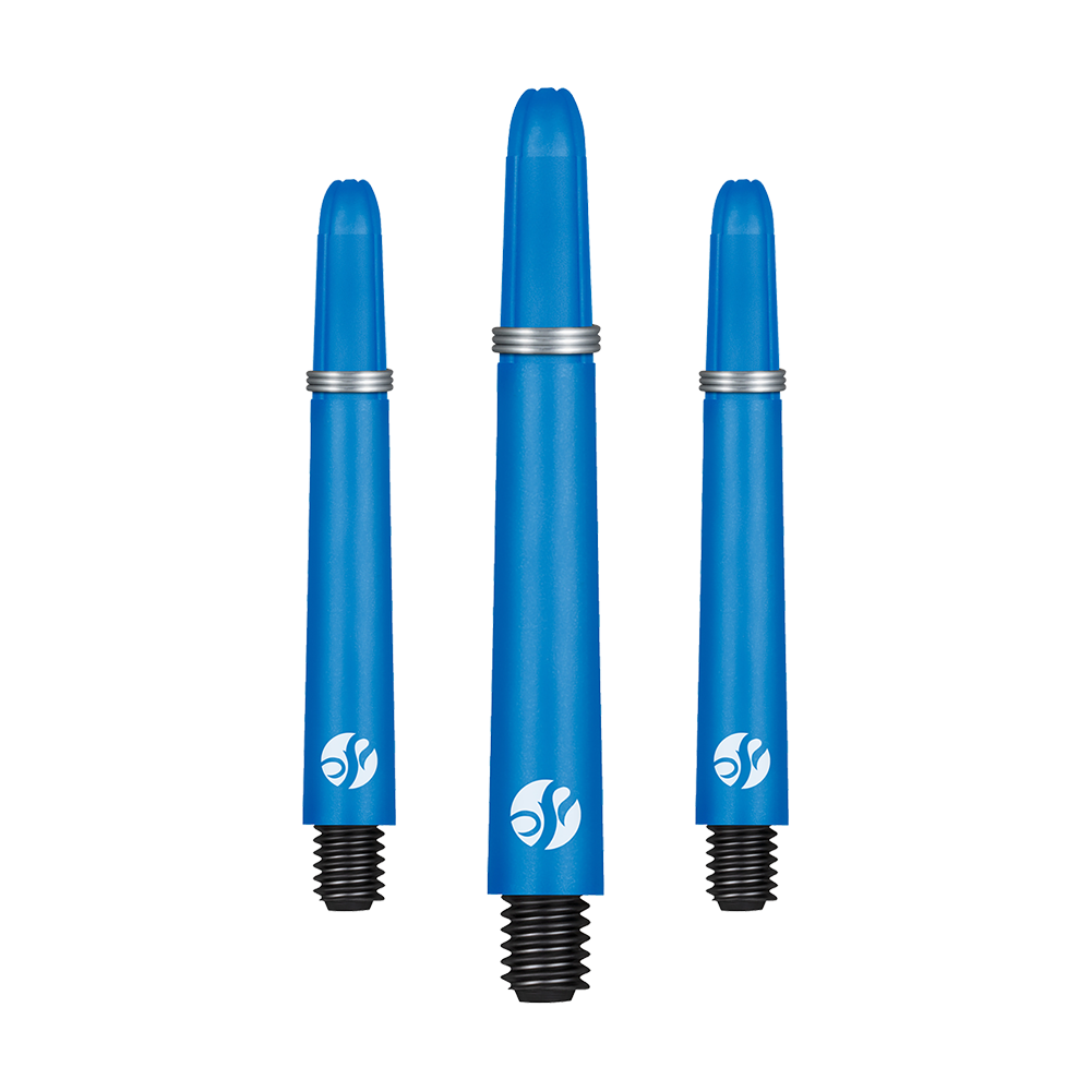 Shot Koi Carbon Shafts - Blue Das Bild zeigt drei blaue Dartschäfte in verschiedenen Längen. Jeder Schaft hat ein schwarzes Gewinde und einen weißen Aufdruck.
