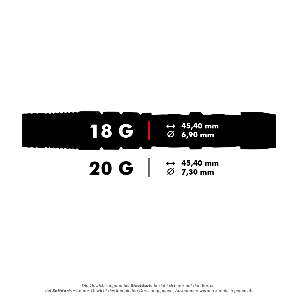 Unicorn Ballista Style 3 soft darts Das Bild zeigt die Maße von zwei Dartpfeilen mit 18 Gramm und 20 Gramm Gewicht. Die Länge beträgt jeweils 45,40 mm, der Durchmesser beträgt 6,90 mm bzw. 7,30 mm.