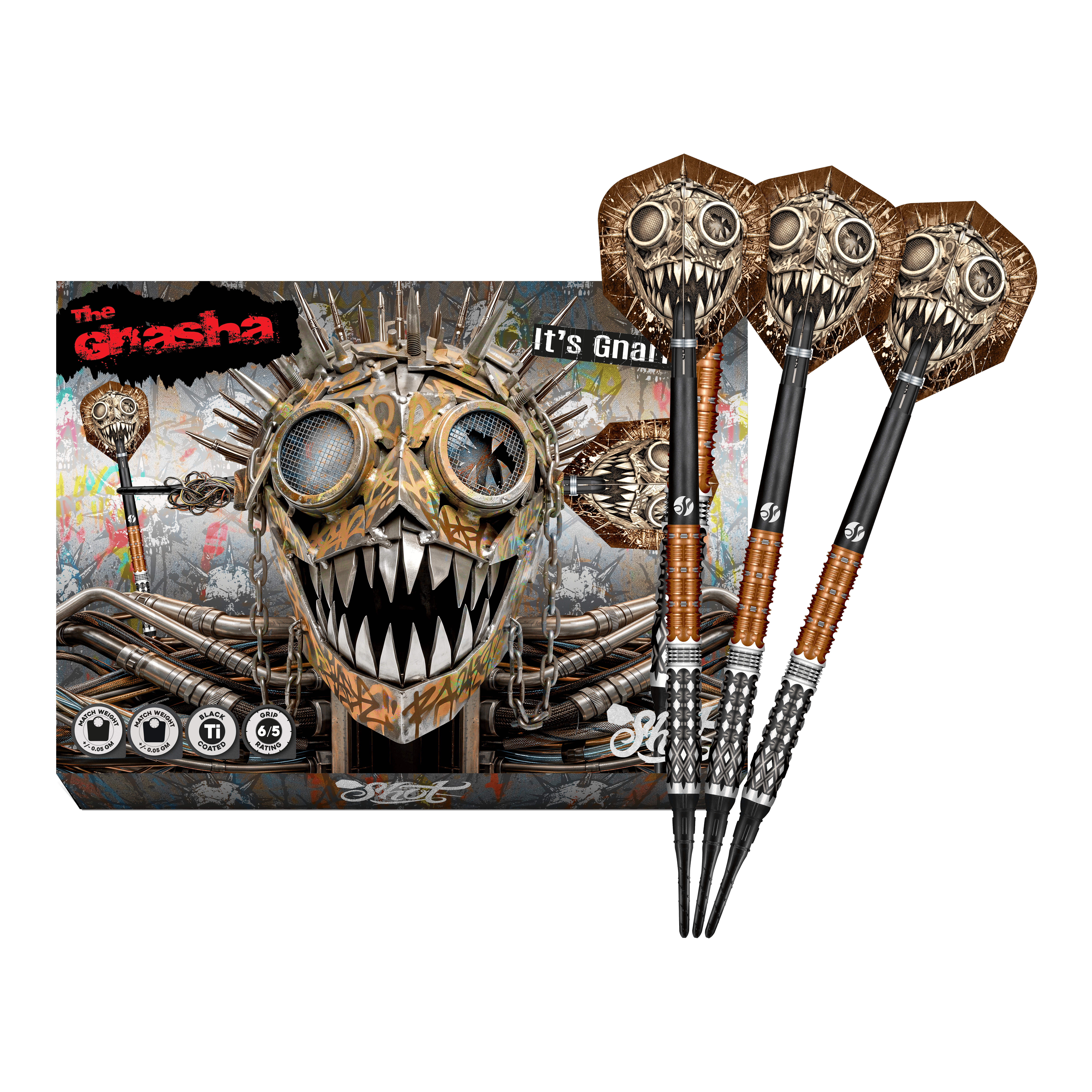 Shot Gnarly Gnasha Soft Darts - 20g Das Foto zeigt die vollständigen Shot Gnarly Gnasha Softdarts - 20g. Diese Softdarts zeichnen sich durch ein modernes Design aus.
