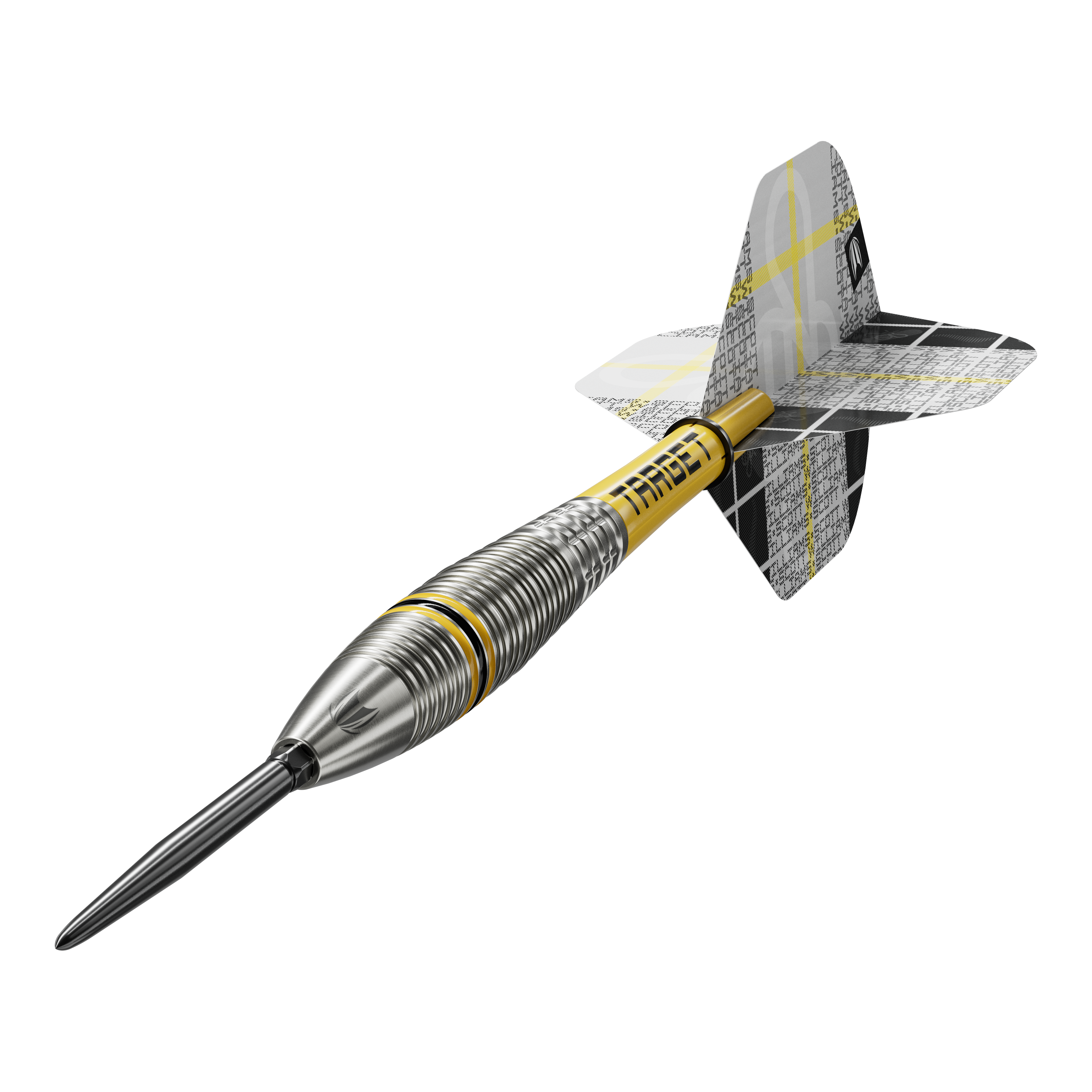 Auf dem Bild ist ein Target Scott Williams GEN2 Swiss Point Steeldart zu sehen. Der Dartpfeil hat ein silbernes, geriffeltes Barrel und gelbe Akzente sowie moderne Flights.