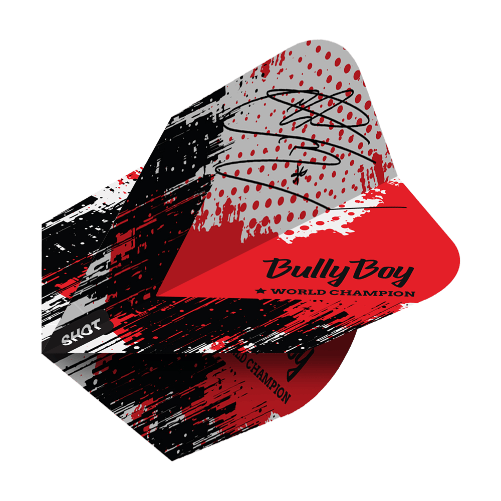 Das Bild zeigt die "Shot Michael Smith Bully Boy Game Day No6 Flights" mit einem rot-schwarzen Design und Unterschrift. Auf dem Flight steht "Bully Boy World Champion" und das Shot-Logo ist sichtbar.