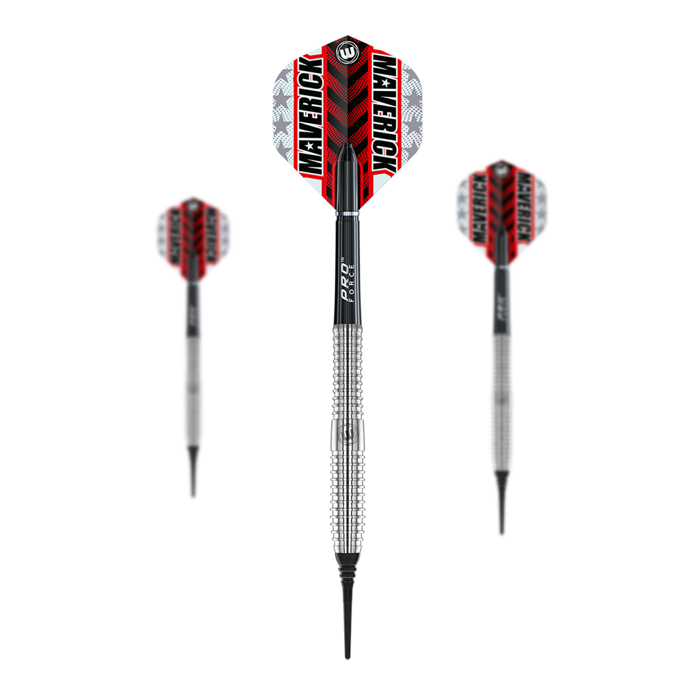Winmau Maverick Softdarts - 20g Das Bild zeigt drei Winmau Maverick Softdarts mit einem Gewicht von 20 Gramm. Die Darts haben silberne, gerillte Schäfte und auffällige Flights mit der Aufschrift "Maverick" in Rot, Schwarz und Weiß.