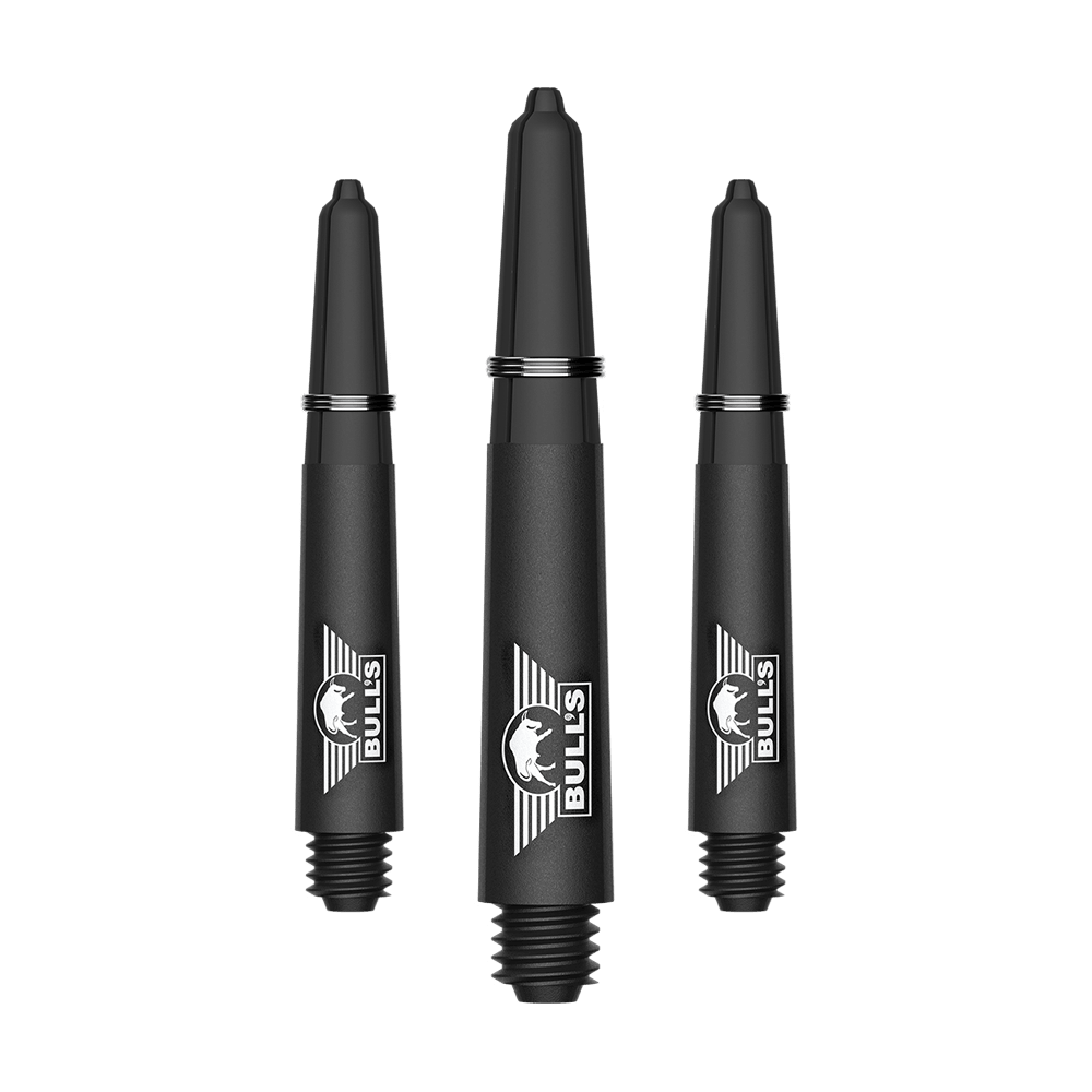 Bulls NL Capo Carbon Shafts - Black Ein Bild mit dem Dateinamen BU55340_BullsNL_Capo_Carbon_Shafts_Schwarz_Short_34mm_1Set. Es handelt sich vermutlich um ein Set aus kurzen schwarzen Carbon-Shafts für Darts.