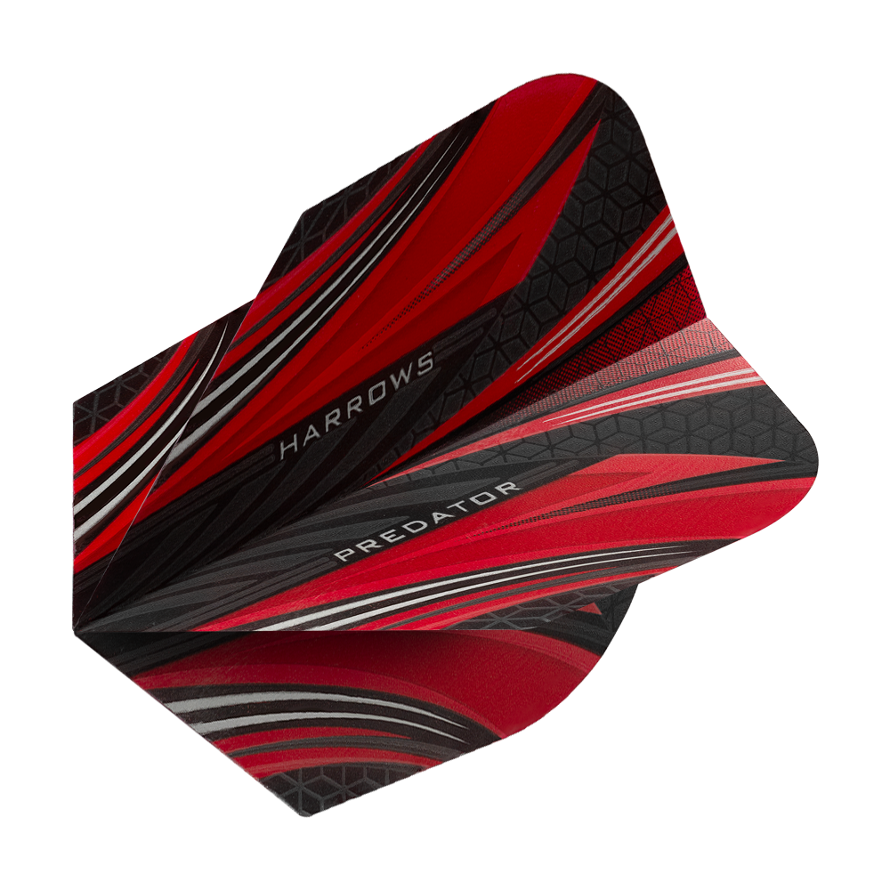 HR7518_Harrows_Prime_Predator_Rot_No2_Standard_Flights_2 Das Bild zeigt die Harrows Prime Predator Rot No2 Standard Flights für Dartpfeile. Das Design ist überwiegend rot mit schwarzen und grauen Akzenten sowie auffälligen Mustern.