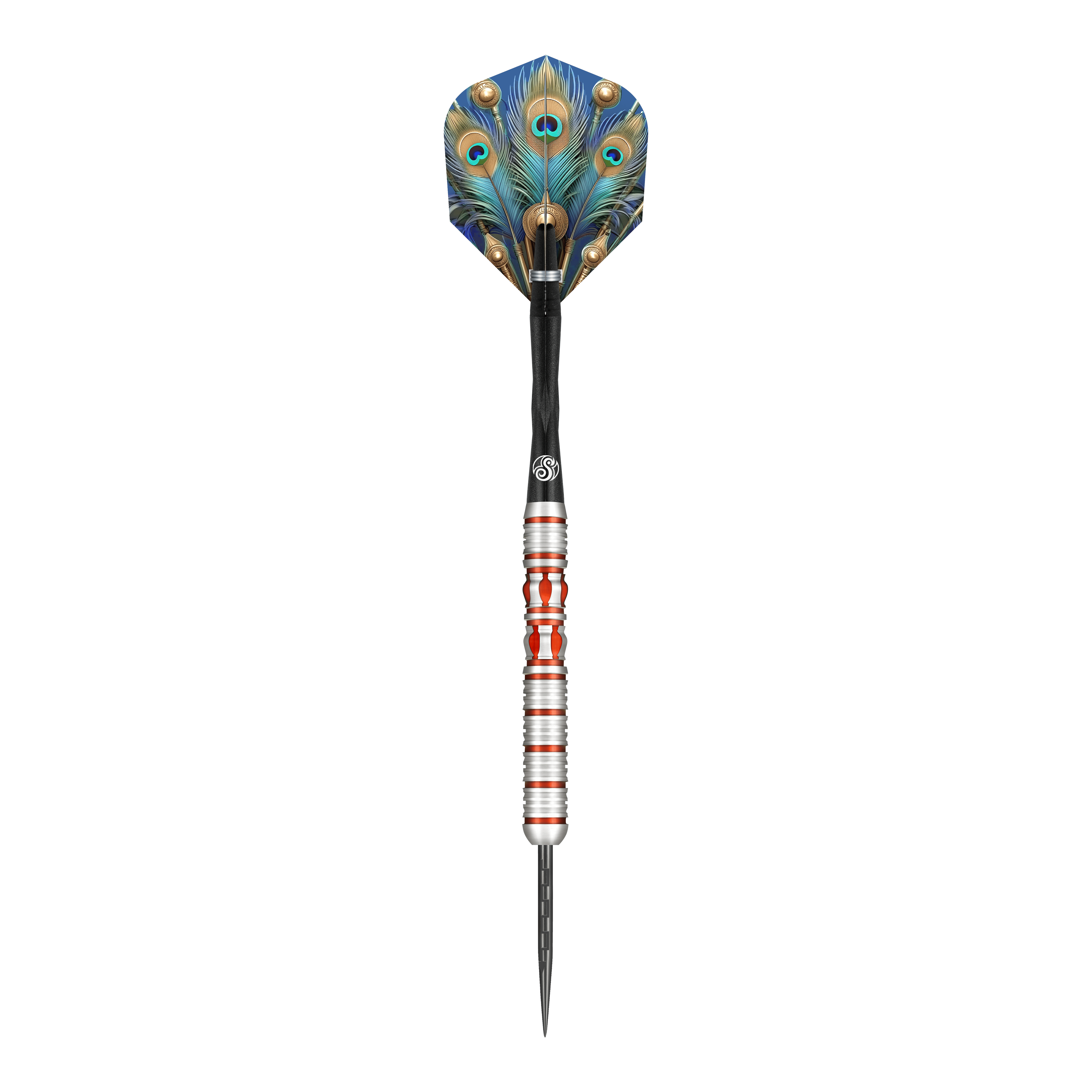 Shot Roman Empire Juno steel darts Das Bild zeigt den Shot Roman Empire Juno Steeldart. Der Dart hat eine auffällige Flight mit Pfauenfeder-Design und einen silber-roten, strukturierten Schaft.