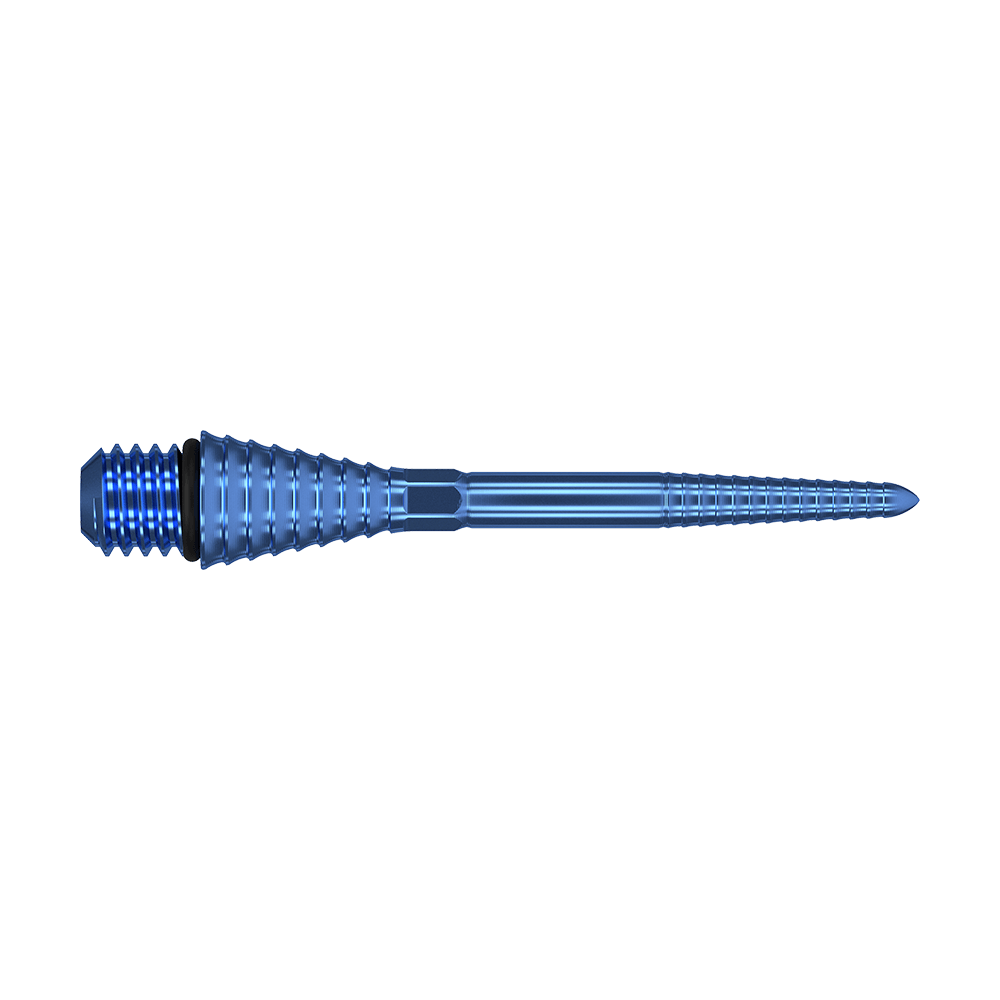 380177_Target_Titanium_Swiss_Point_Grooved_Conversion_Points_Blau_30mm_2 Das Bild zeigt eine blaue, gerillte Titanspitze mit Schraubgewinde. Sie ist lang und schmal mit einer konischen Form und feinen Rillen entlang ihrer Länge.