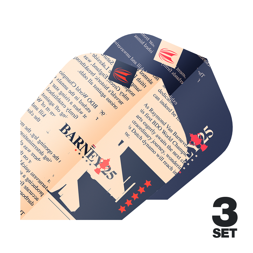 Das Bild zeigt drei Dart-Flights mit dem Aufdruck "BARNEY25" und einem speziellen Design. Unten rechts steht "3 Set" als Hinweis auf die Anzahl der Sets.