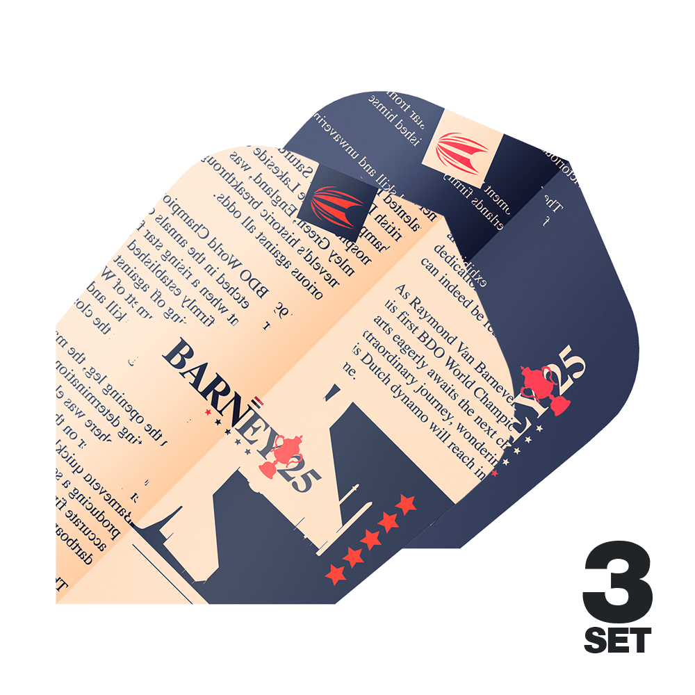 Target ProUltra Raymond Van Barneveld Barney25 Ten-X Flights Das Bild zeigt drei Dart-Flights mit dem Aufdruck "BARNEY25" und einem speziellen Design. Unten rechts steht "3 Set" als Hinweis auf die Anzahl der Sets.