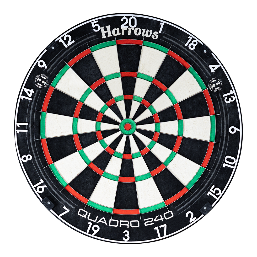 Harrows Quadro 240 steel dartboard Das Bild zeigt ein Harrows Quadro 240 Steeldartboard. Die Dartscheibe hat farbige Segmente in Schwarz, Weiß, Rot und Grün.