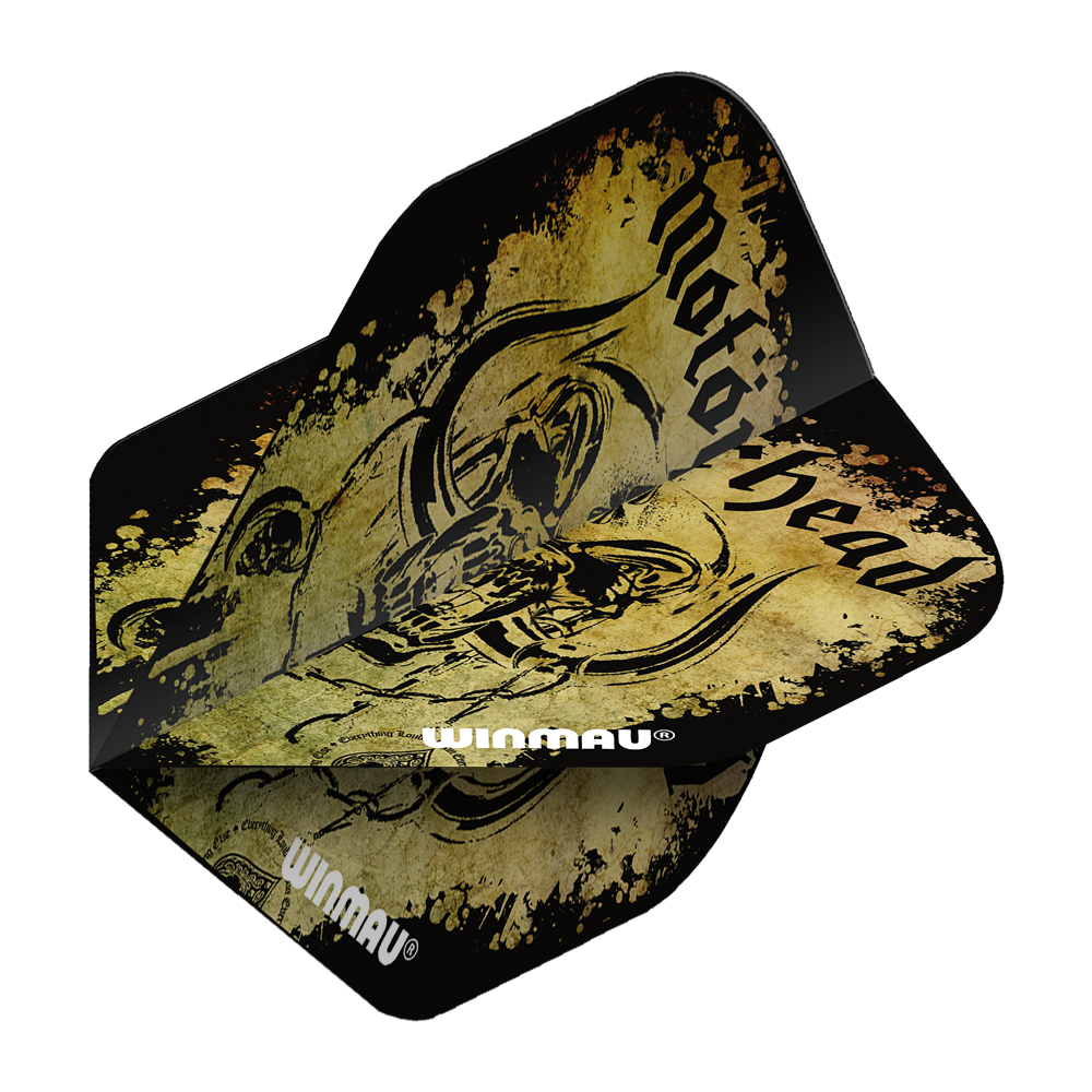 6905-241_Winmau_Motorhead_Acid_Splat_Standard_Flights_21DreJoIxptMVJ Das Bild zeigt das Produkt "Winmau Motorhead Acid Splat Standard Flights". Die Dartflights haben ein auffälliges schwarz-gelbes Design mit dem Schriftzug "Motorhead" und einem künstlerischen Motiv.