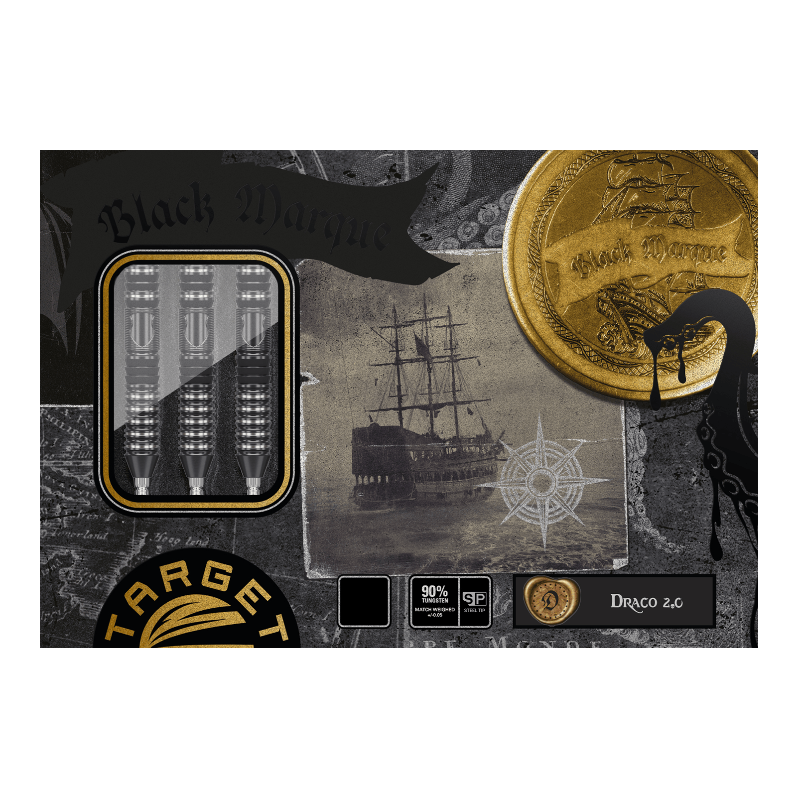 Target Japan Black Marque Draco GEN2 steel darts Das Bild zeigt die Verpackung der "Target Japan Black Marque Draco GEN2 Steeldarts". Auf der Verpackung sind die Darts, ein altes Segelschiff und ein goldener Münzmotiv zu sehen.
