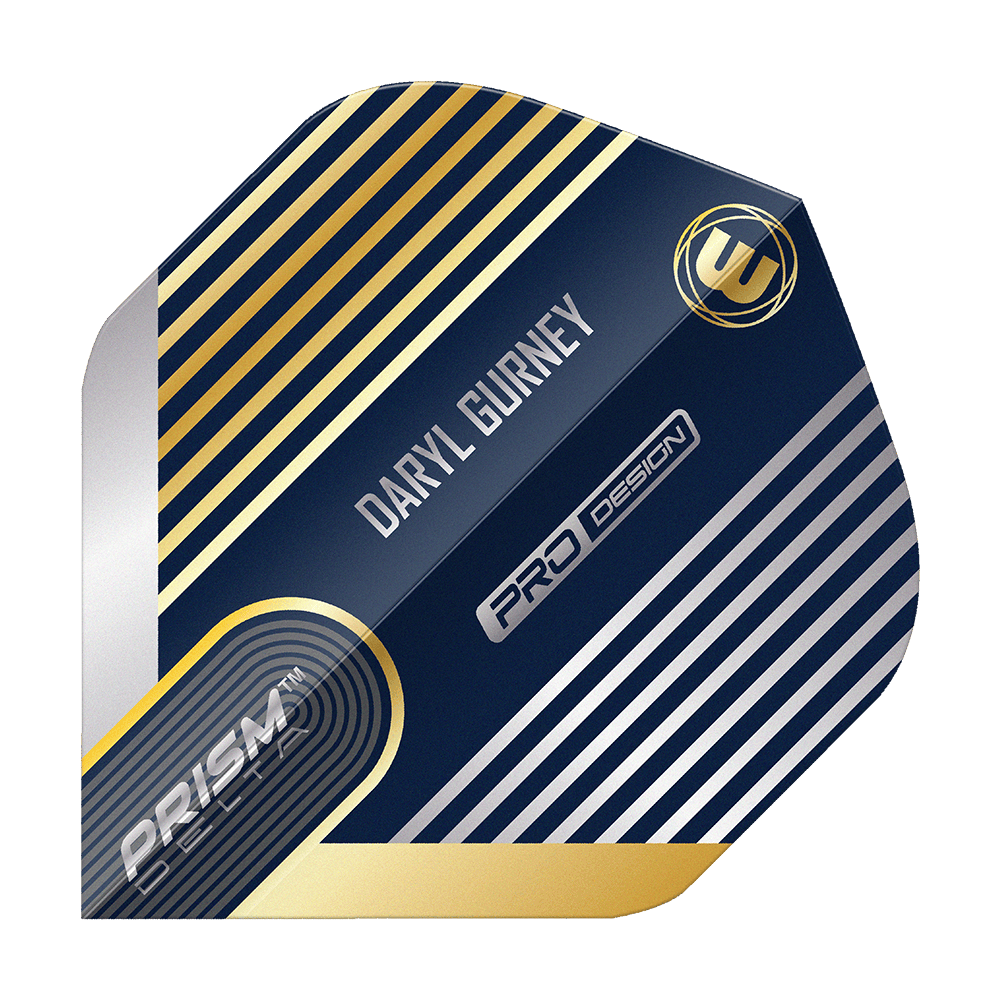 Das Bild zeigt ein Winmau Prism Delta Daryl Gurney No2 Standard Dart Flight. Das Design ist überwiegend dunkelblau mit silbernen und goldenen Streifen und enthält den Namen "Daryl Gurney".