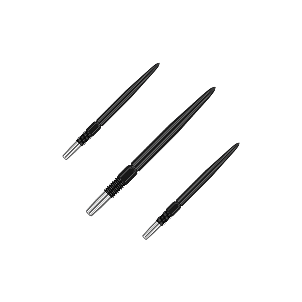 Target Swiss Point Black dart tips Das Bild zeigt drei schwarze Dartspitzen mit silbernem Gewinde. Sie sind in unterschiedlicher Ausrichtung auf einem einfarbigen Hintergrund angeordnet.