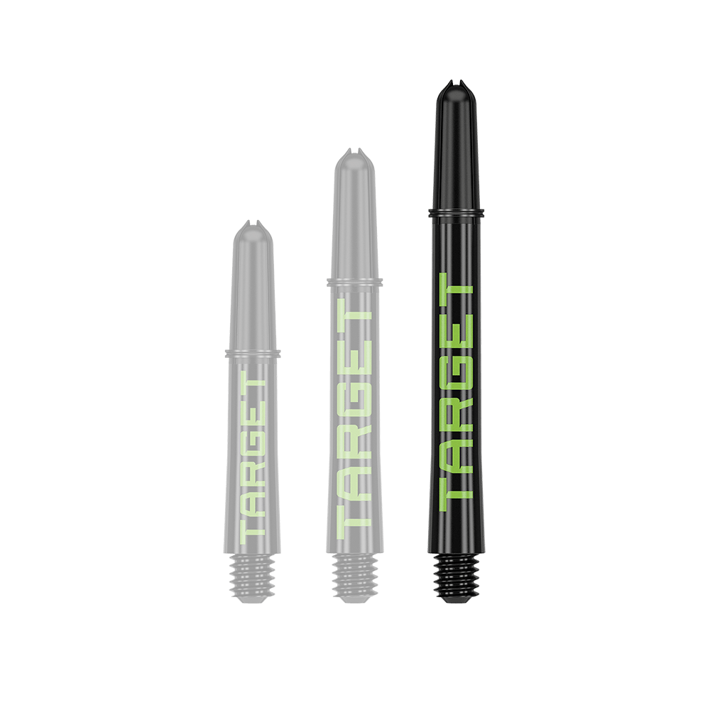 Target Pro Grip TAG Shafts - 3 Sets - Black Green Ein Dart-Schaft mit auffällig langem Profil ist zu sehen. Die Farbgebung und Oberfläche sind gut erkennbar.