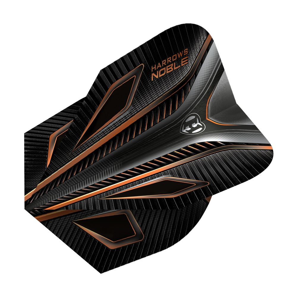 HR5_Harrows_Noble_Rich_Gold_Standard_Flights_2 Das Bild zeigt das Produkt "Harrows Noble Rich Gold Standard Flights". Das Flight ist schwarz mit goldenen und orangen Akzenten sowie einem modernen, geometrischen Design.