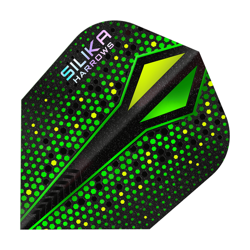 Harrows Silika Colorshift Tough Crystalline Coating Green-X No6 Flights Abgebildet ist ein Flight der Harrows Silika Colourshift Tough Crystalline Coating Green-X No6 Flights. Es sind verschiedene Designelemente zu erkennen.