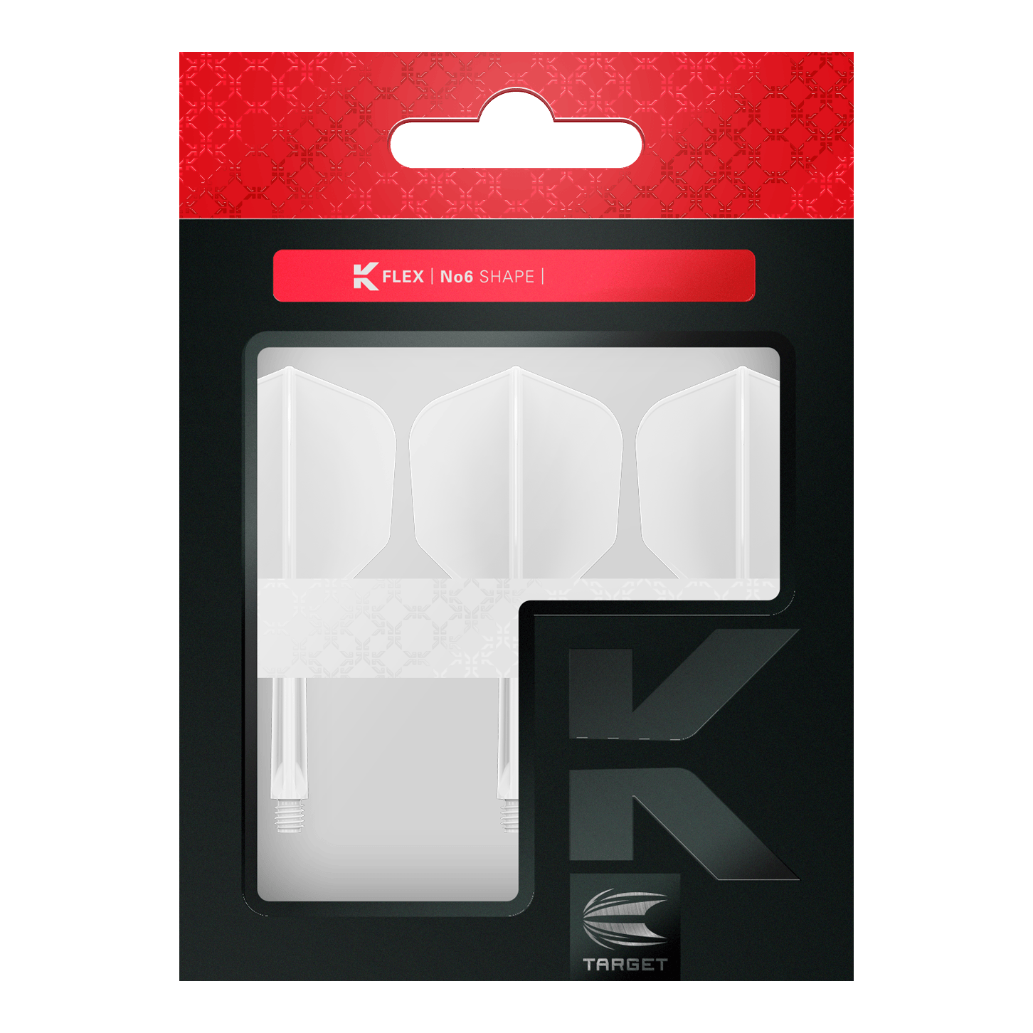 Die Abbildung zeigt eine Packung mit weißen Dartflights und -shafts der Marke Target. Die Verpackung ist in Schwarz und Rot gehalten und trägt die Aufschrift "K FLEX | No6 SHAPE".
