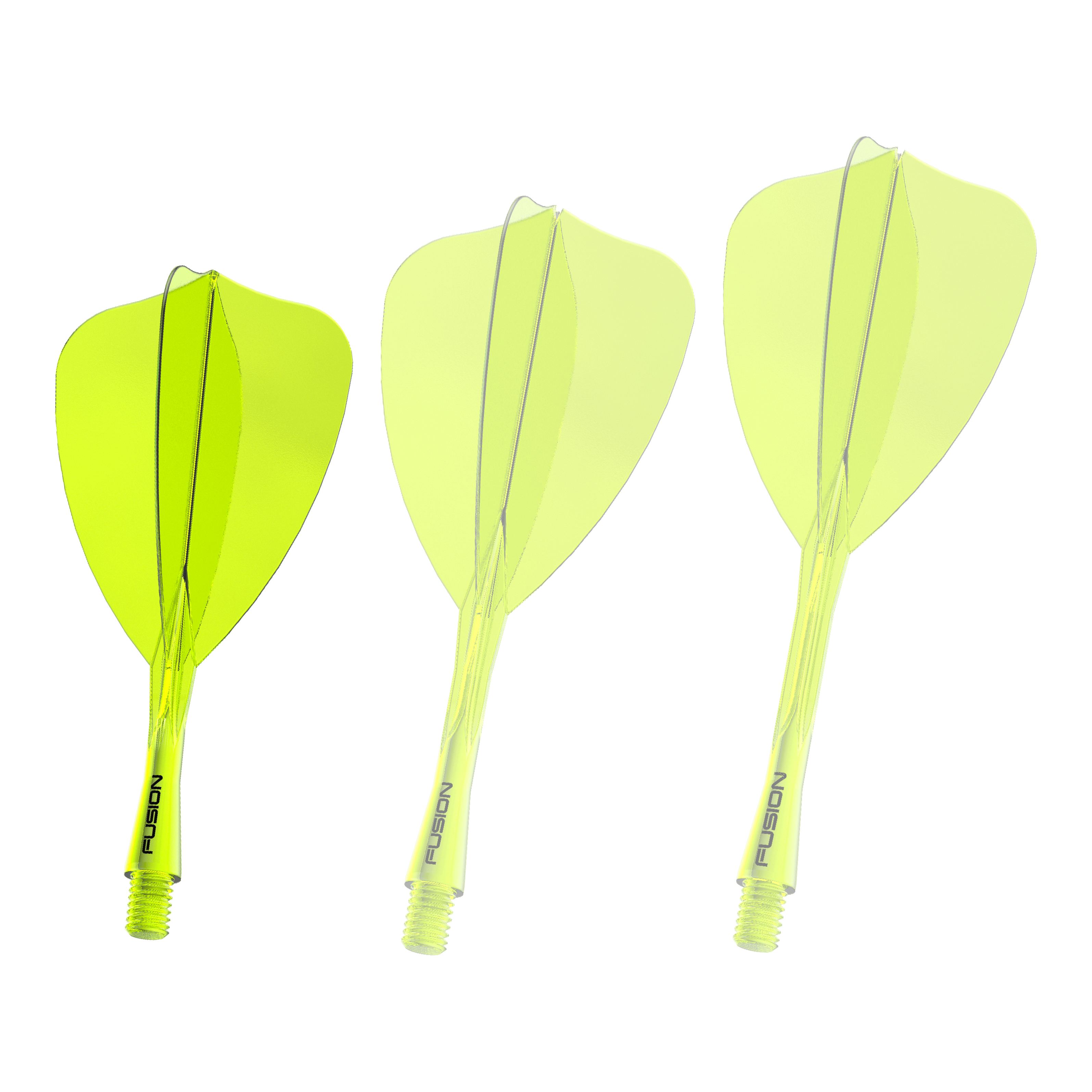 Das Bild zeigt ein Dartshaft- und Flight-System in Neongelb mit einer Länge von 22 mm. Es handelt sich um das 'Fusion Flight Shaft System Arrow' von Winmau.