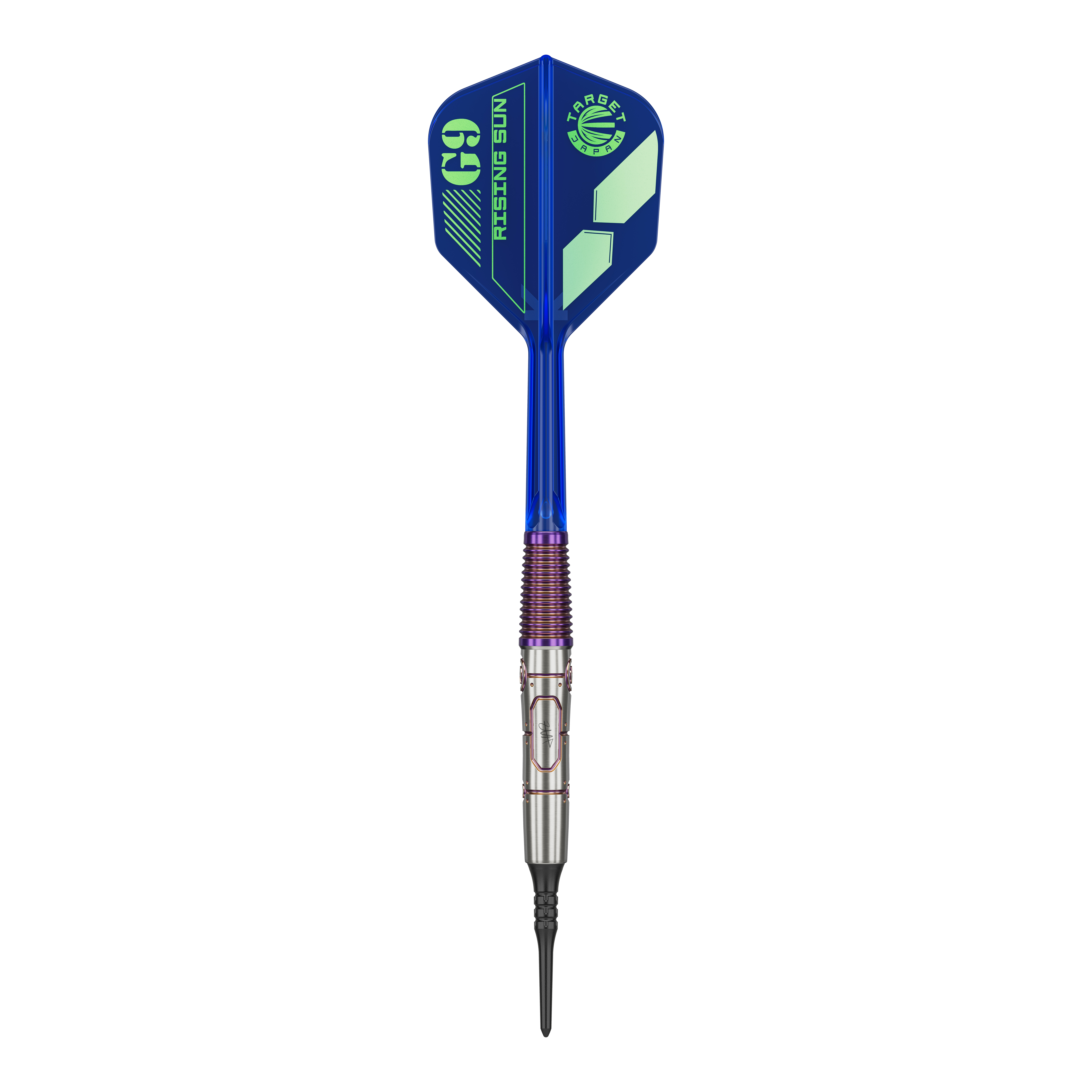 Target Japan Haruki Muramatsu Rising Sun GEN9 2BA Soft Darts - 21.5g Das Bild zeigt einen modernen Softdart mit blauem Flight und silber-lila Schaft. Auf dem Flight steht "G9 RISING SUN" und das Design wirkt sportlich und hochwertig.