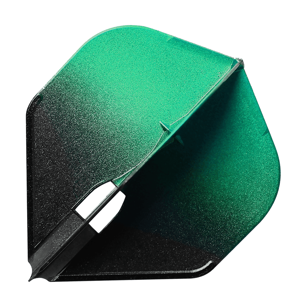 Das Bild zeigt eine Dart-Flight in zwei Farben: Grün und Schwarz. Die Oberfläche hat einen schimmernden, glitzernden Effekt.