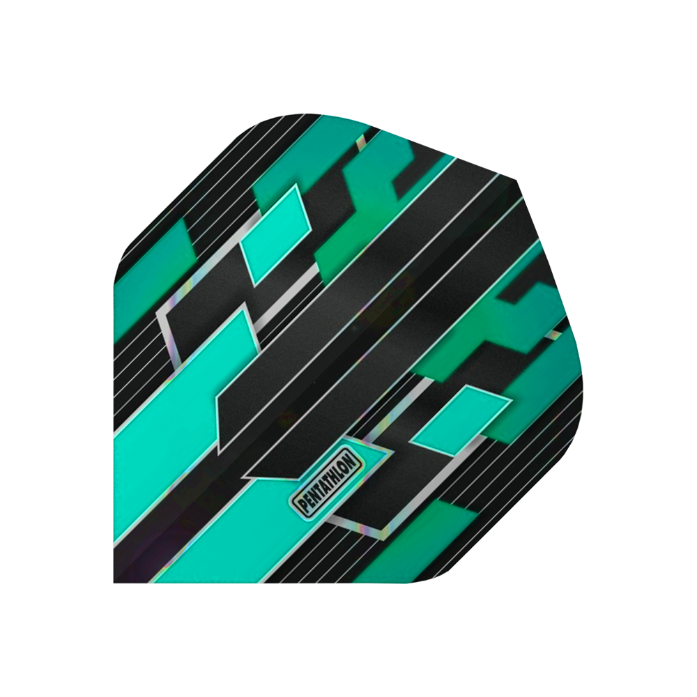 P40_Pentathlon_Gilded_Standard_Flights_T-rkis_1 Das Bild zeigt ein Dartflight mit einem modernen Design in Türkis, Schwarz und Silber. In der Mitte befindet sich das Logo "Pentathlon".