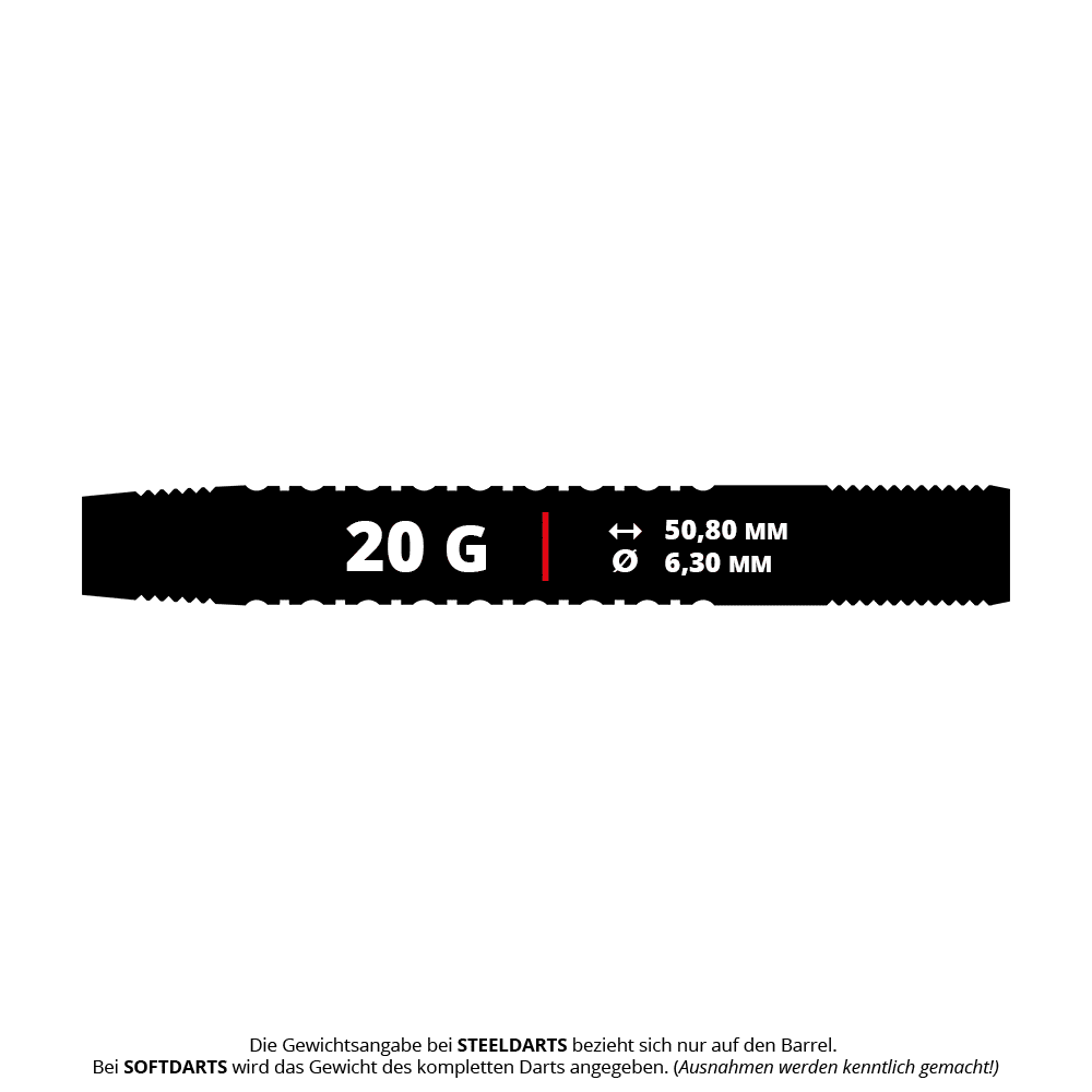 Red Dragon T-800 soft darts - 20g Das Bild zeigt die Produktbeschreibung der Red Dragon T-800 Softdarts mit einem Gewicht von 20 Gramm. Die Länge beträgt 50,80 mm und der Durchmesser 6,30 mm.