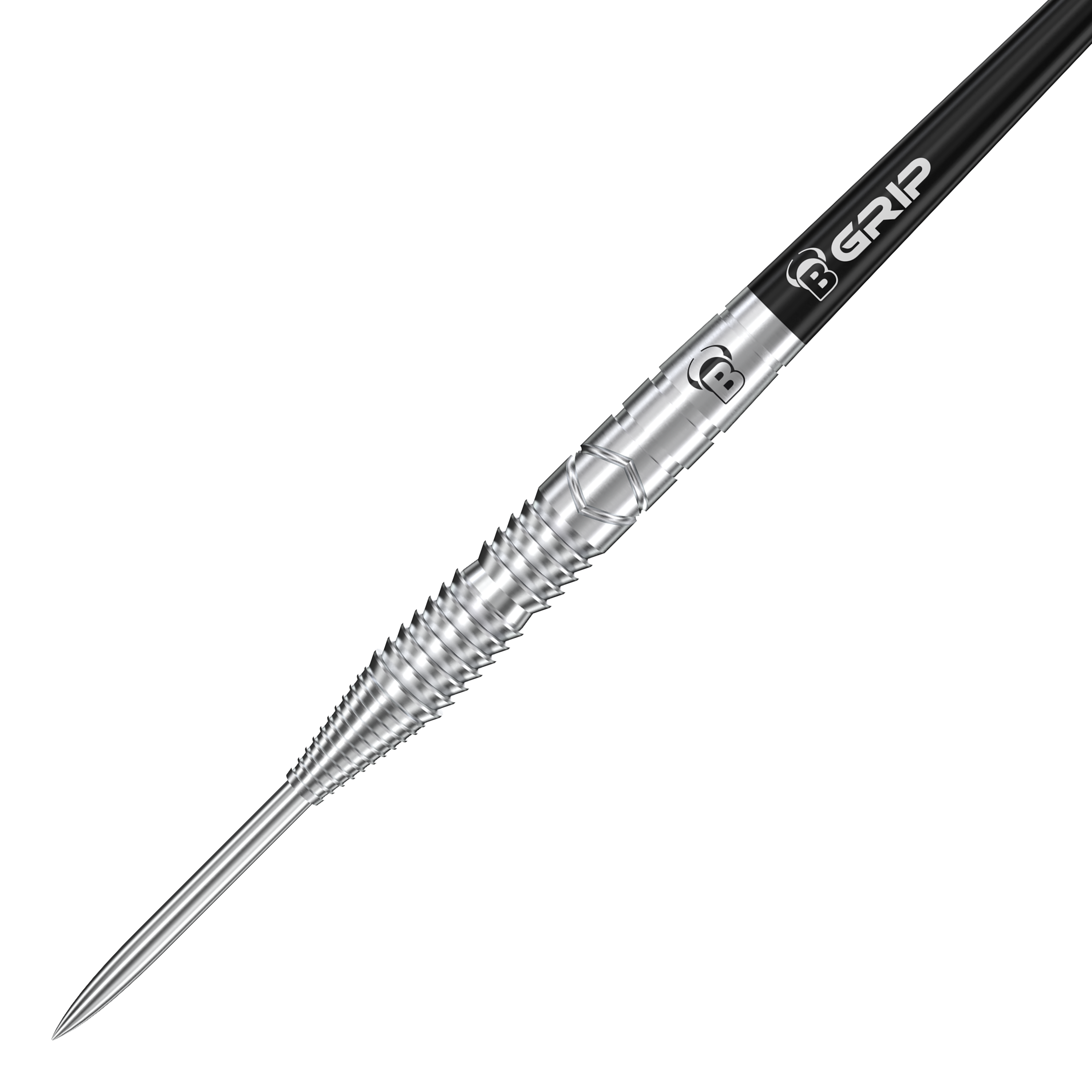 Bulls Tac T3 Steeldarts Das Bild zeigt einen Bulls Tac T3 Steeldart. Der Dart hat eine silberne, geriffelte Spitze und einen schwarzen Schaft mit der Aufschrift "B GRIP".