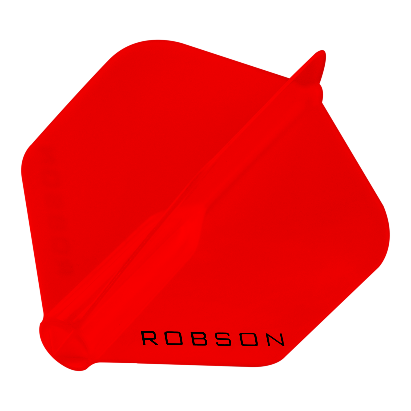 Das Bild zeigt ein rotes Dart-Flight mit der Aufschrift "ROBSON". Die Form ist sechseckig und das Flight ist vollständig in Rot gehalten.