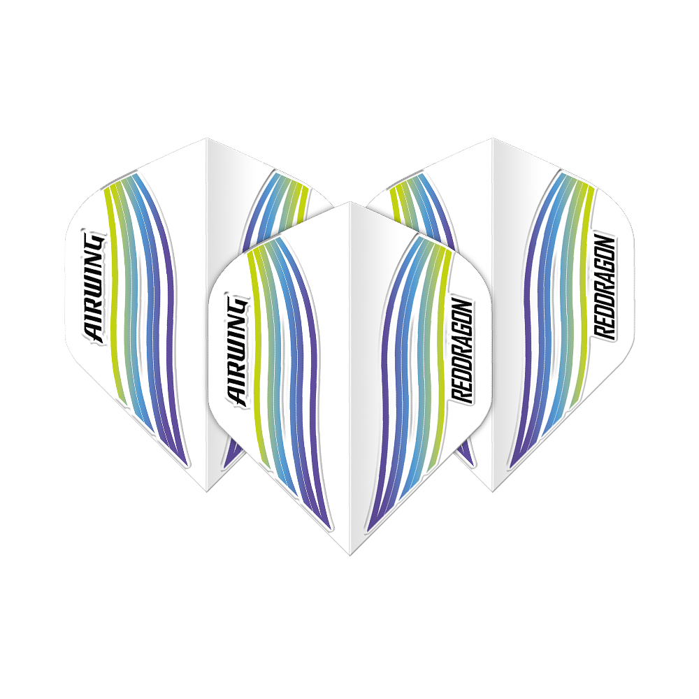 Red Dragon Airwing Blue Wave Standard Flights Das Bild zeigt drei Dart-Flights des Produkts "Red Dragon Airwing Blue Wave Standard Flights". Die Flights sind weiß mit blauen, grünen und gelben Wellenlinien und tragen die Aufschrift "AIRWING" und "RED DRAGON".
