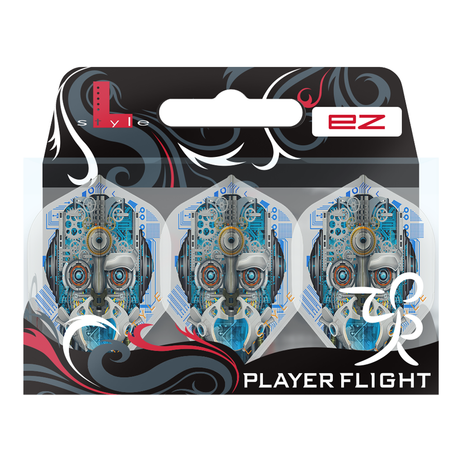 L-Style Berry Van Peer V3 Clear White L1EZ Flights Das Bild zeigt eine Verpackung mit drei weißen Dart-Flights namens "L-Style Berry Van Peer V3 Clear White L1EZ". Die Flights haben ein futuristisches Design mit einem Roboter-Gesicht auf jedem Flight.