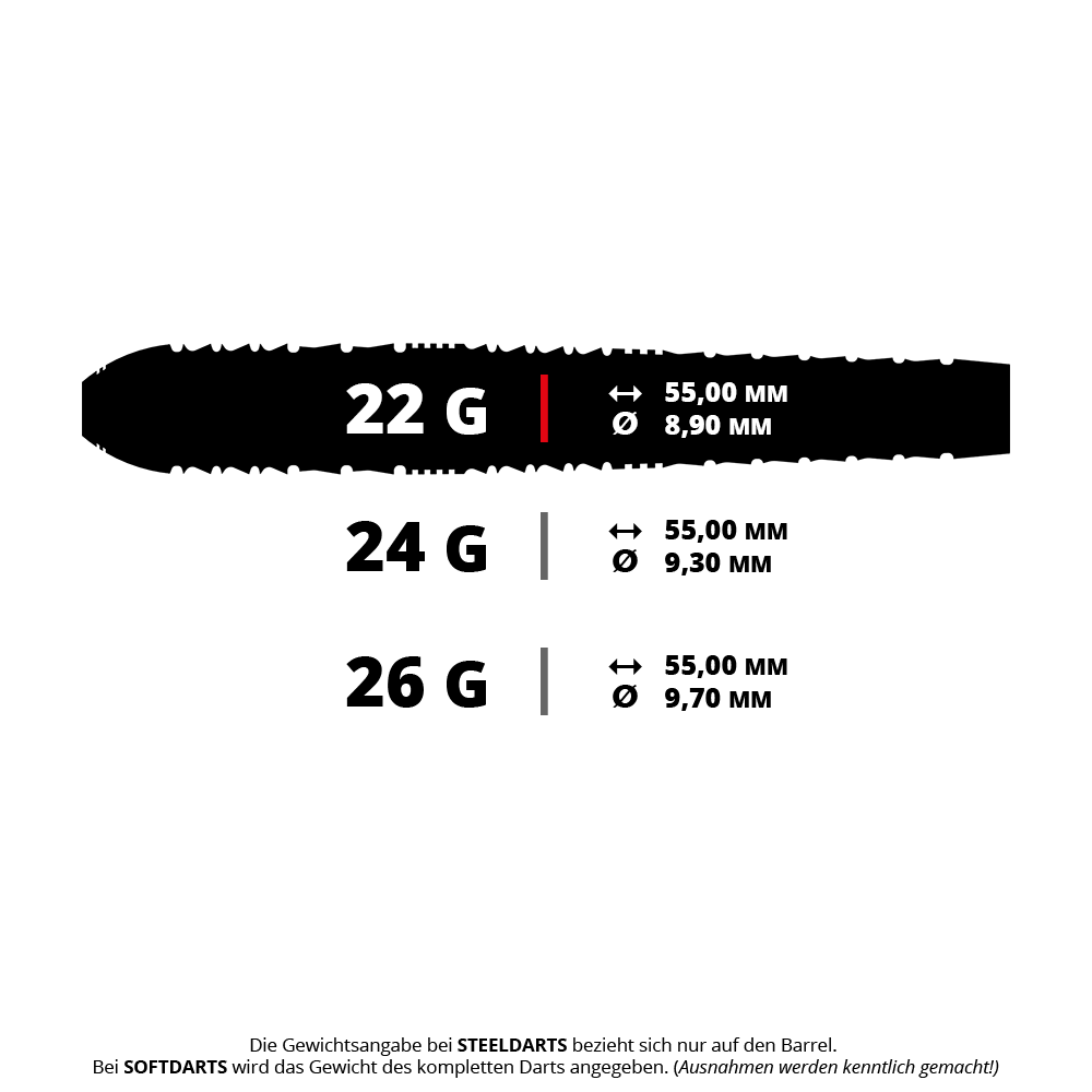 Das Bild zeigt einen Harrows Heavy Metal Ryan Searle Steeldart mit 22 Gramm. Es handelt sich um ein hochwertiges Dartprodukt für Präzisionswürfe.