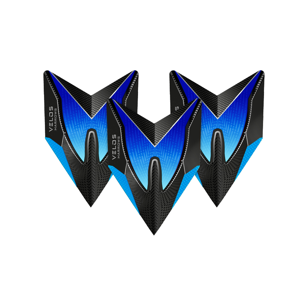 HR1012_Harrows_Blue_2020_Velos_Flights_1ngw56xqiZA3ZG Das Bild zeigt drei blaue Harrows Velos Flights für Dartpfeile. Das Design ist modern und besteht aus Blau-, Schwarz- und Grautönen.
